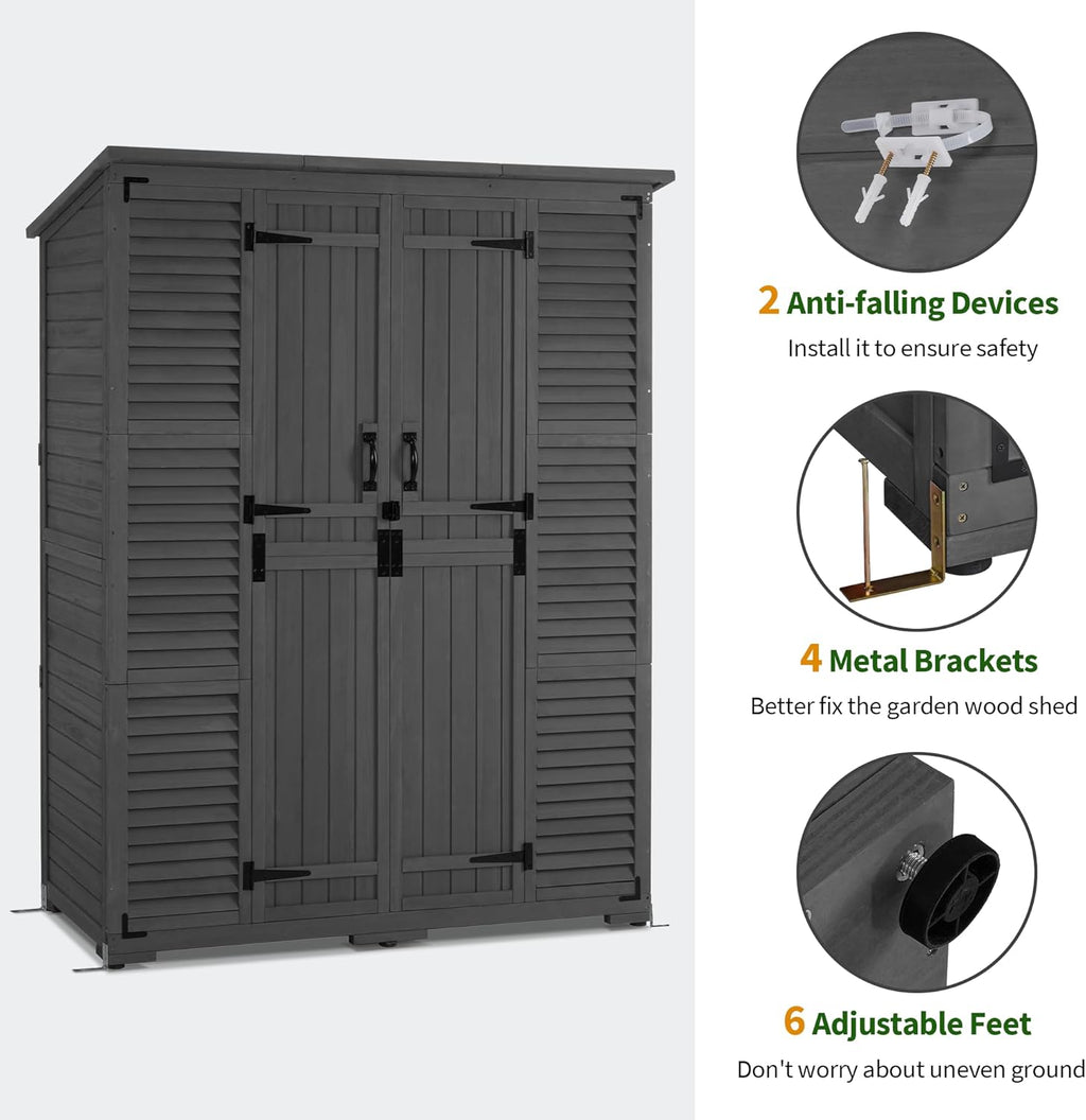 Macrout Large Outdoor Storage Cabinet with 6 Shelves (4.8 x 2.2 x 6.5 ft), Outside Storage Shed with Lock, Wooden Garden Shed for Yard Patio Lawn, 1738 (Gray)