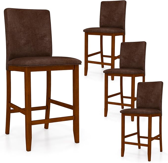 COSTWAY Upholstered Counter Height Bar Stools Set of 4, 26'' Wooden Kitchen Island Chairs with Padded Fabric Seat, Mid Century Modern Barstools with Backs for Dining Room & Pub, Walnut