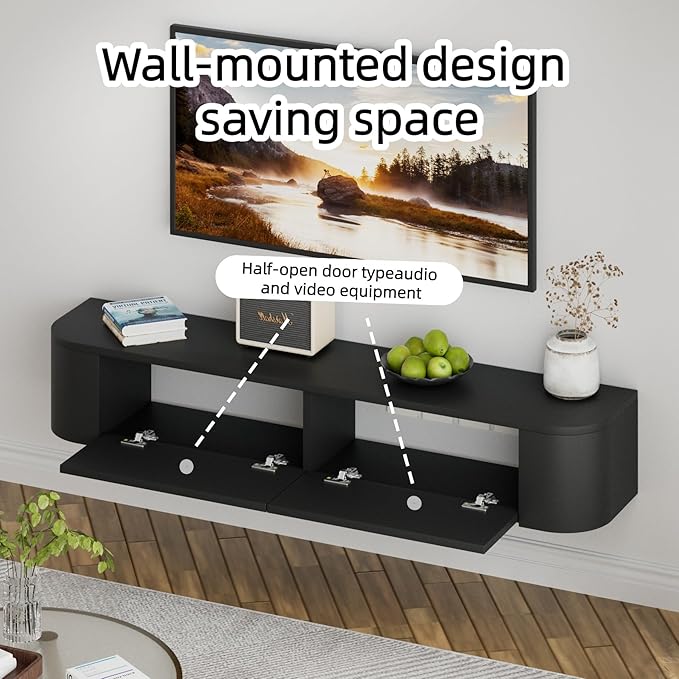 SHGJ&SOFT Floating TV Stand Wall Mounted Media Console with Door Entertainment Centerwith Storage Cabinets, Wall Mounted TV Shelf for Bedroom,Living Room (Black, 47.2IN)
