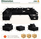 Sleeper Sofa 9 Seater Boneless Couch Modular Sectional Sofa | Cloud Couch Sectional Couches for Living Room, U Shaped Couches with Ottomans No Assembly Required, Black