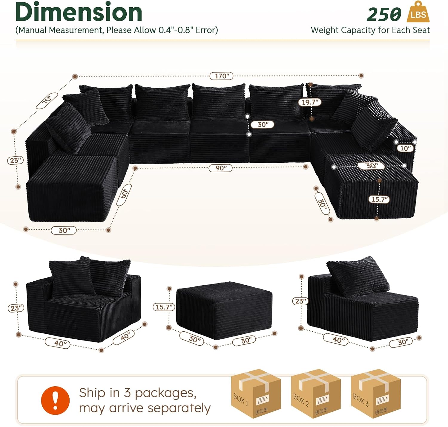 Sleeper Sofa 9 Seater Boneless Couch Modular Sectional Sofa | Cloud Couch Sectional Couches for Living Room, U Shaped Couches with Ottomans No Assembly Required, Black