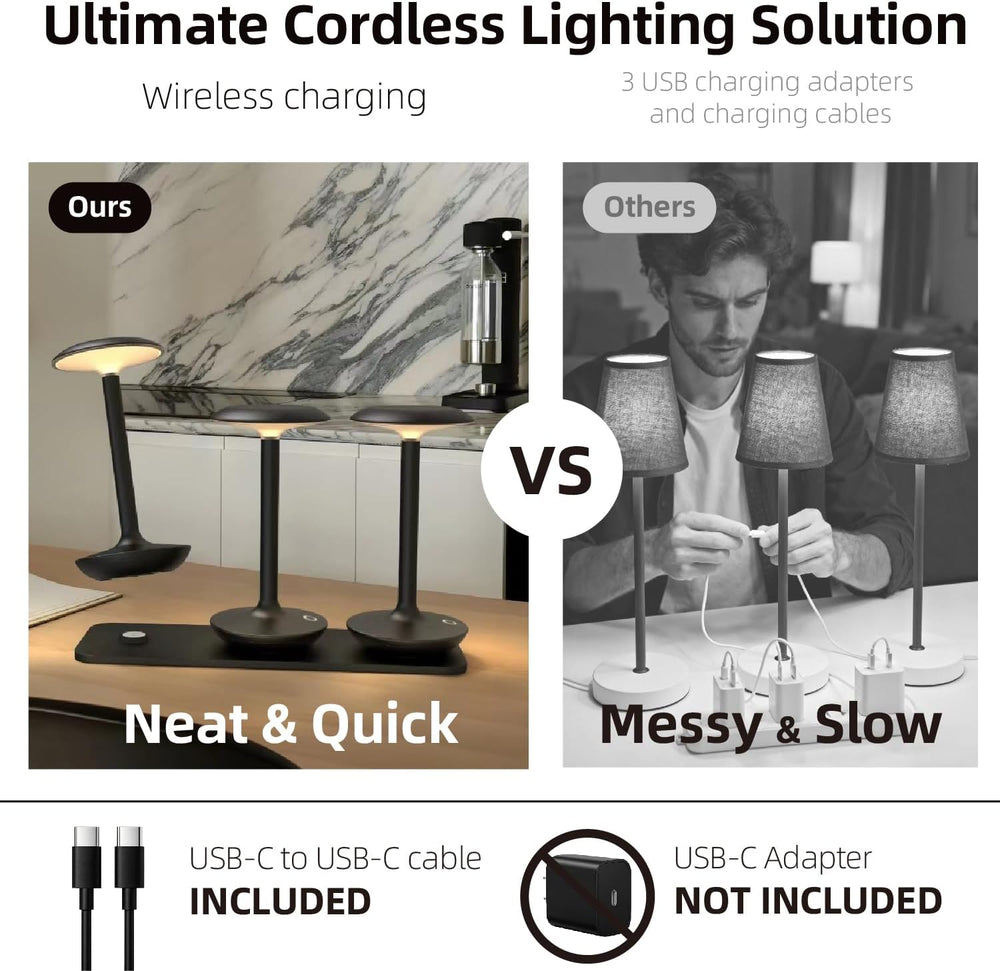3 Pack Cordless & Waterproof Small Metal Table Lamp with All-in-One Charg...