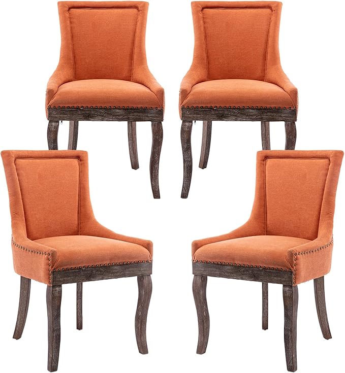 Modern Dining Chairs Set of 4, High Back Dining Chairs Side Chairs with Solid Wood Legs, Upholstered Fabric Dining Room Chairs for Dining Room Kitchen, Orange