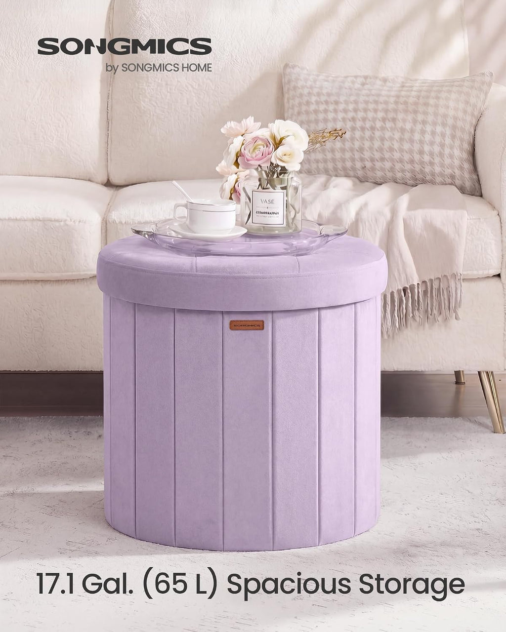 SONGMICS Mazie Collection - Round Storage Ottoman, Folding Footrest Stool with Removable Lid, Easy Assembly, Velvet Vanity Stool for Bedroom, Living Room, Entryway, Purple ULSF608PE01