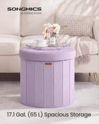 SONGMICS Mazie Collection - Round Storage Ottoman, Folding Footrest Stool with Removable Lid, Easy Assembly, Velvet Vanity Stool for Bedroom, Living Room, Entryway, Purple ULSF608PE01