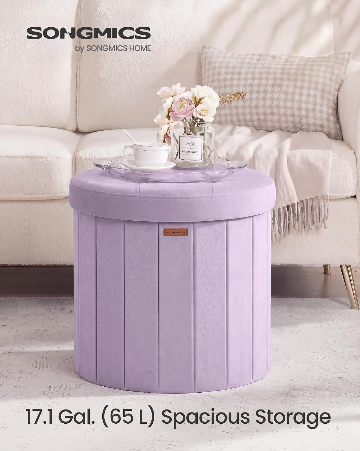 SONGMICS Mazie Collection - Round Storage Ottoman, Folding Footrest Stool with Removable Lid, Easy Assembly, Velvet Vanity Stool for Bedroom, Living Room, Entryway, Purple ULSF608PE01