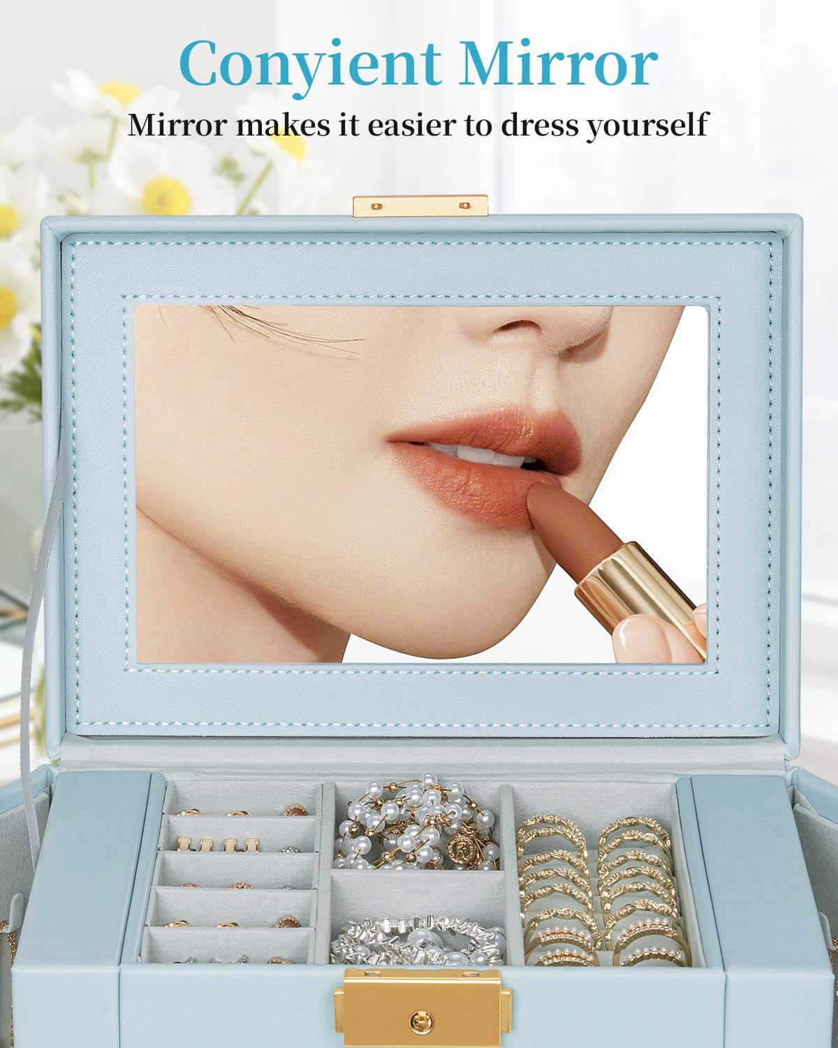TORIBIO Jewelry Box for Women, Leather Jewelry Organizer with Mirror & Lock, 5-Tier Jewelry Storage Organizer with 4 Drawers for Girls/Women/Mothers, Necklace Earring Bracelets Holder Organizer