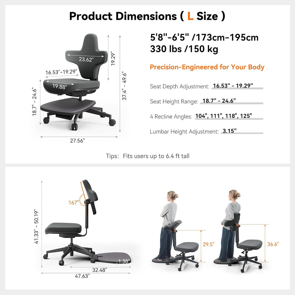 Newtral Standing Mate Chair, 6-in-1 Ergonomic Office Chair with 167° Lockable Flip Backrest, Multi-Position Stool for Standing Desk, Active Posture Support for Sit-Stand-Lean,Wide Seat
