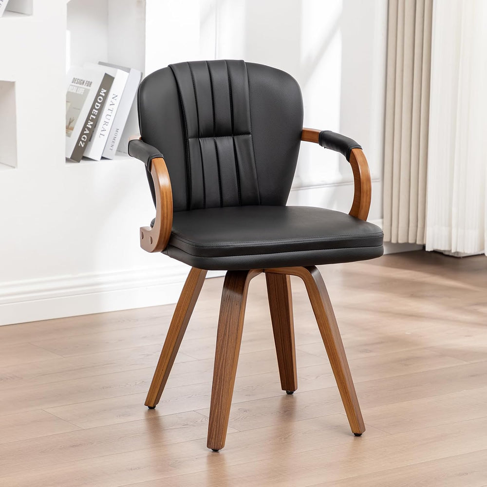 Swivel Dining Chairs Mid Century Modern Black Faux Leather Upholstered Kitche...