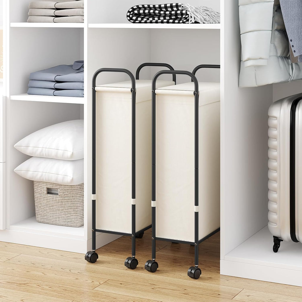 ELYKEN Slim Laundry Hamper with Lid, 50L Small Rolling Laundry Basket on Wheels, 7.9” Narrow Dirty Cloth Cart with Removable Inner Bag for Small Bathroom, Bedroom, Creamy