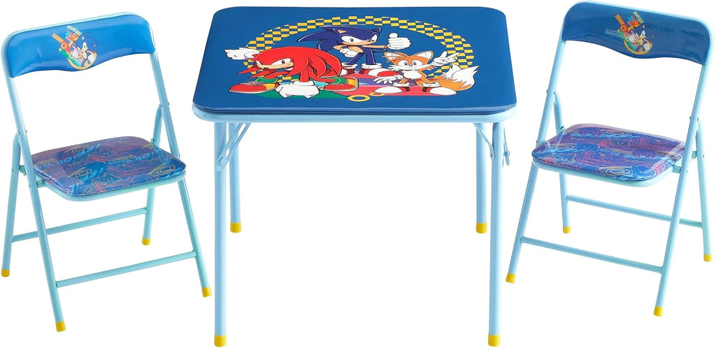 Sega Sonic The Hedgehog Kids Table and Chair Set, 3-Piece Square Table with 2 Folding Chairs for Playroom & Activities