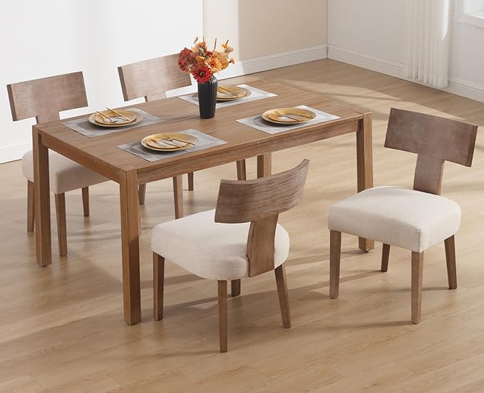 chairus Dining Chairs Set of 4, Upholstered Farmhouse Kitchen Chairs with Natural T-Shape Wood Back Armless Dining Room Chairs with Soft Wide Seat, Linen Beige