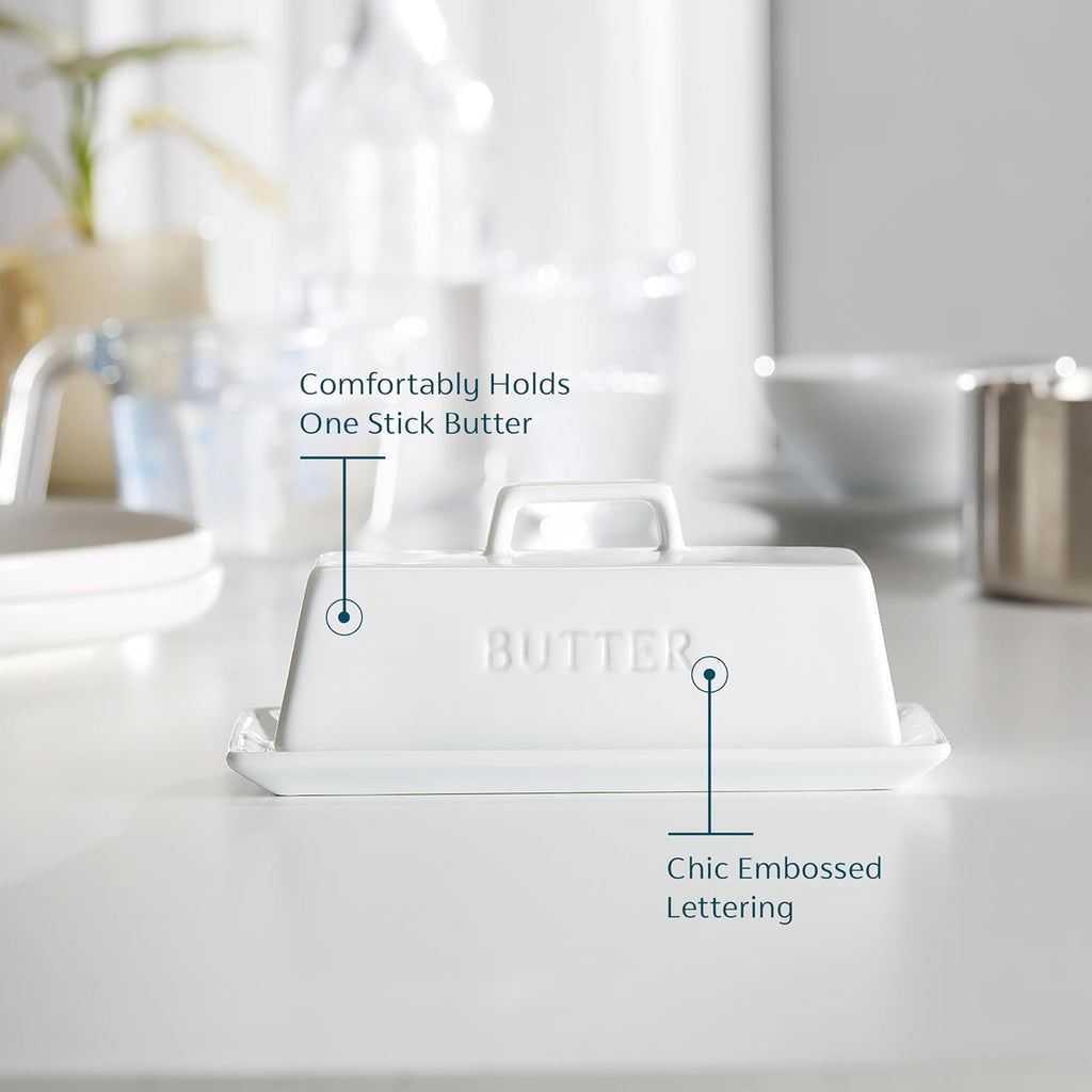 Butter Dish with Lid, by Kook, Butter Dish with Lid for Countertop, Ceramic, Butter Tray, Kitchen Butter Keeper, Butter Container, Butter Holder, Holds 1 Stick, Microwave and Dishwasher Safe, White