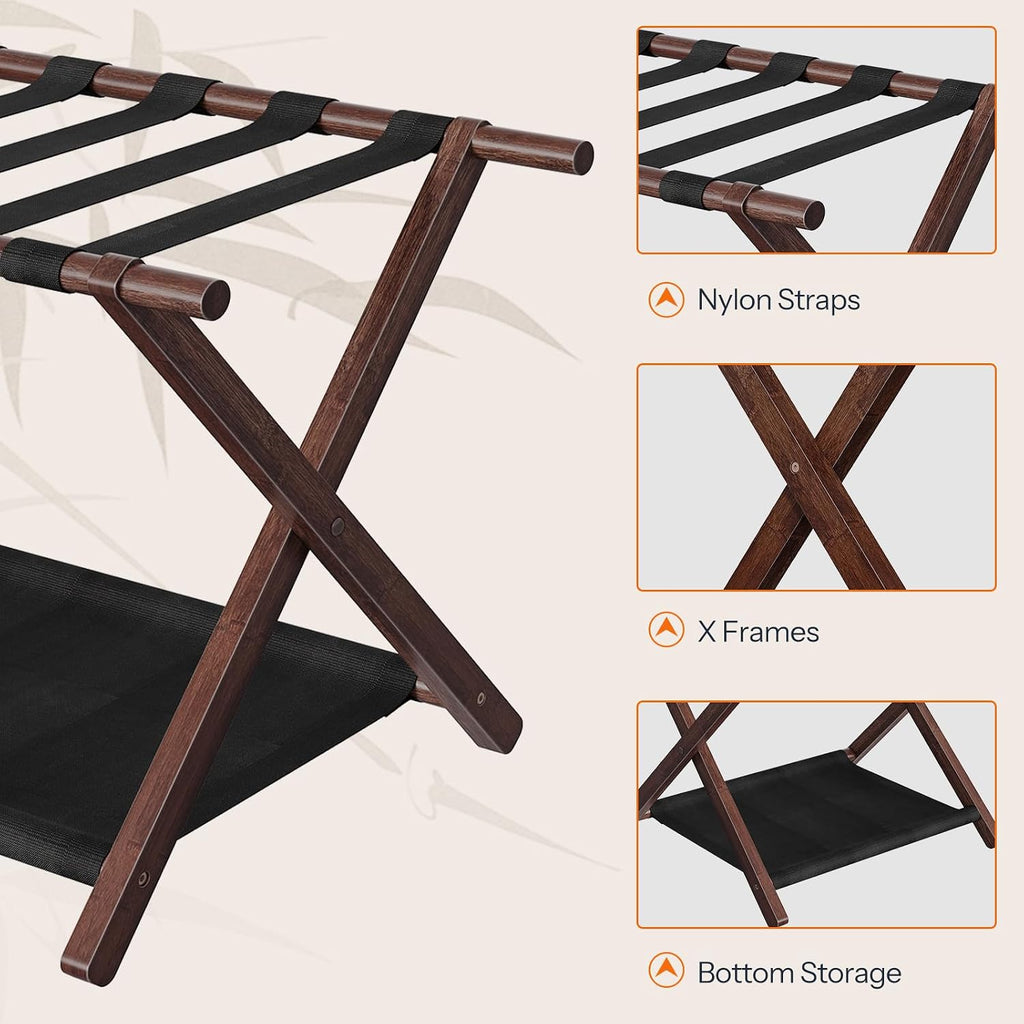 HOOBRO Luggage Rack, Folding Luggage Holder, Bamboo Suitcase Stand, with Fabric Storage Shelf, Suitcase Holder for Guest Room, Hotel, Bedroom, Brown and Black BR20XL01