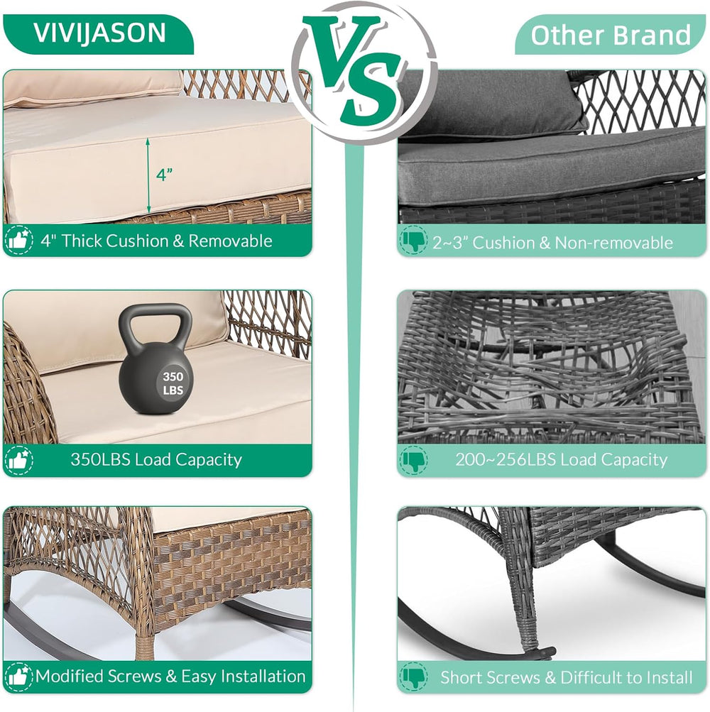 VIVIJASON Outdoor Wicker Rocking Chair, Patio Rattan Rocker Chair with Cushio...
