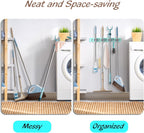 Turquoise Mop Broom Holder Wall Mount with 4 Slots & 4 Hooks - Wood Broom Mop Hanger for Pantry Closet Laundry Room Organization - for Teal Kitchen Decor and Accessories