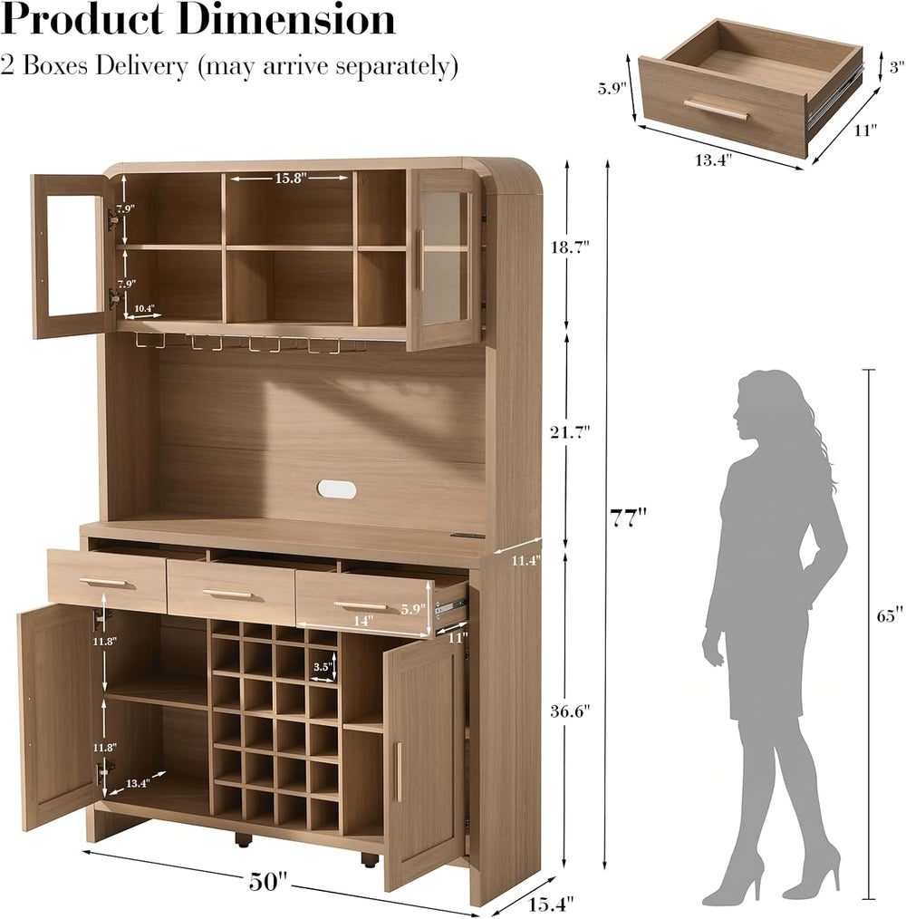 77" Tall Pantry Cabinet & Coffee Bar Cabinet with Storage,Natural Oa...