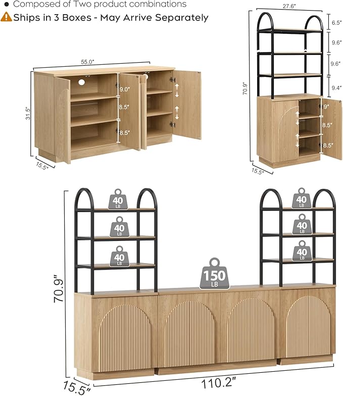 Yechen 110" Modular Entertainment Center with Bookshelves for up to 55", Mid Century Modern TV Stand with Storage, TV Cabinet with Adjustable Shelves, Living Room, Natural Oak (3 PCS)
