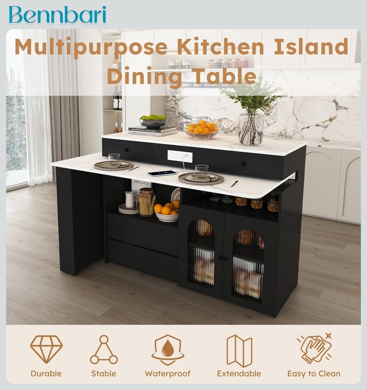 Retro Kitchen Island with Extendable Rotating Tabletop, Power Outlets, Glass Door Cabinets, 4 Drawers, Ships in 2 Boxes (Black & Marble Veneer)
