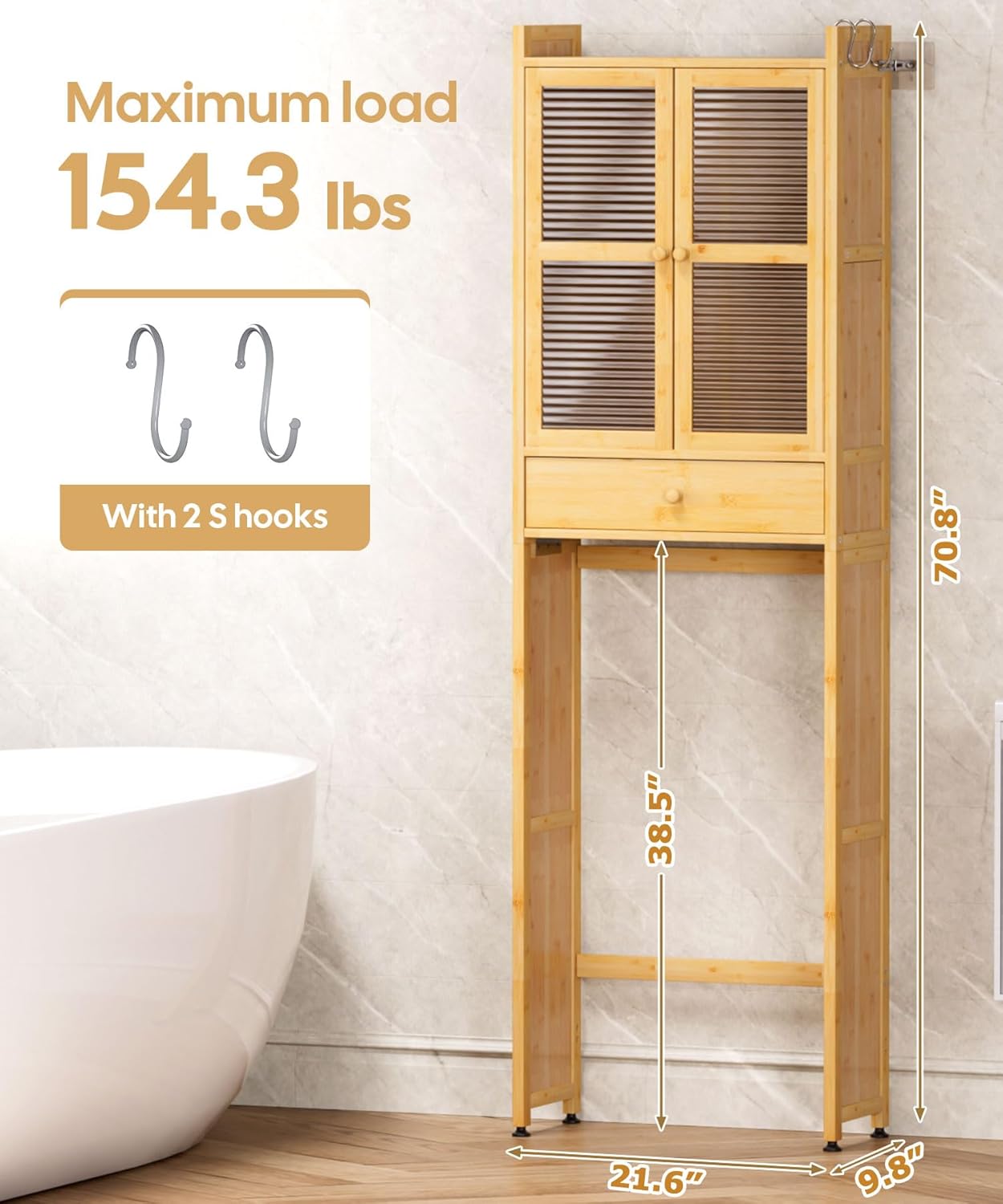 Over The Toilet Storage Cabinet: Bathroom Organizer Shelf with 1 Drawer and 2 Doors - Bamboo Saver Space Freestanding Rack for Restroom