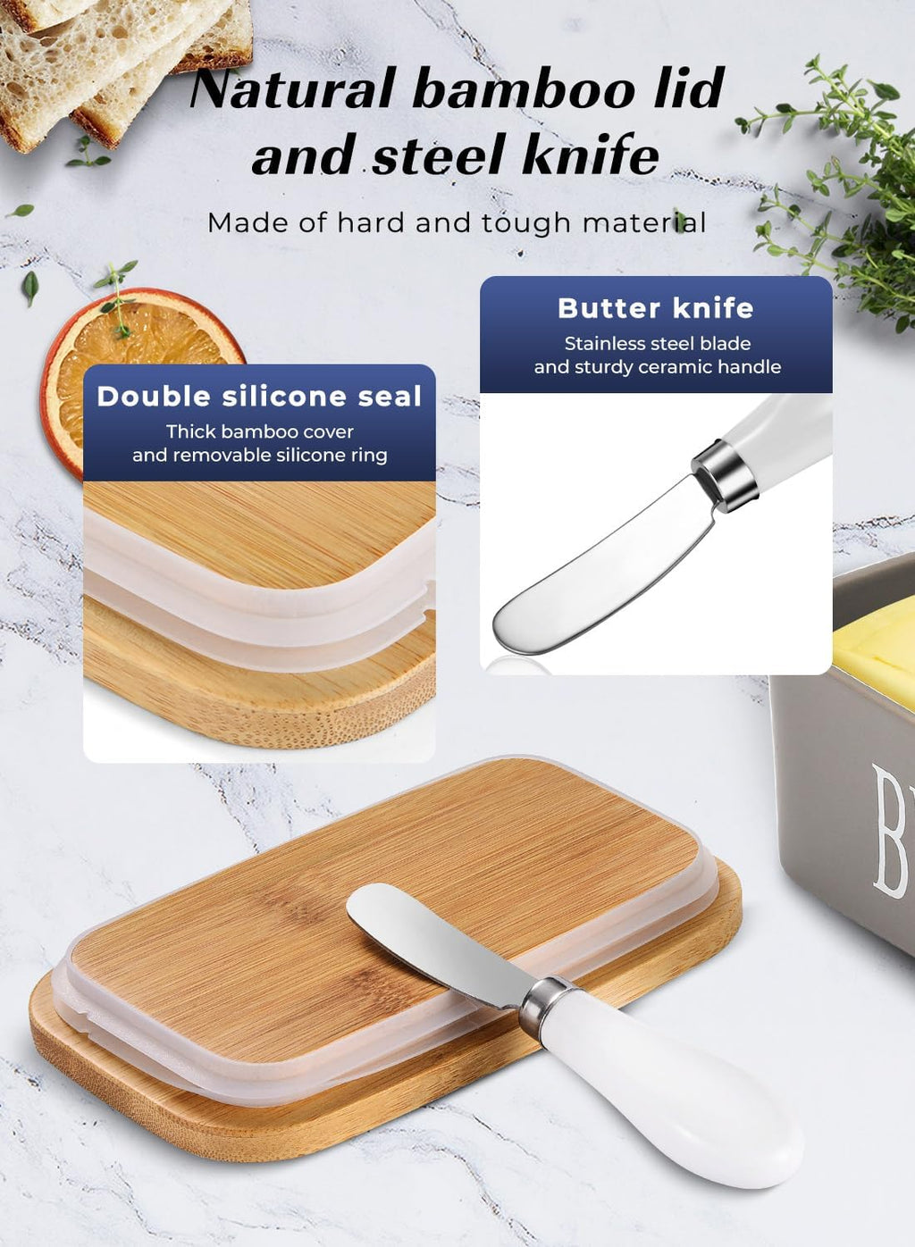 Butter Dish with Lid: Large Butter Container for Countertop - Ceramic Butter Holder for Counter - Butter Tray Butter Keeper with Knife and Sponge Scrubber - Perfect for 2 Sticks of Butter Grey