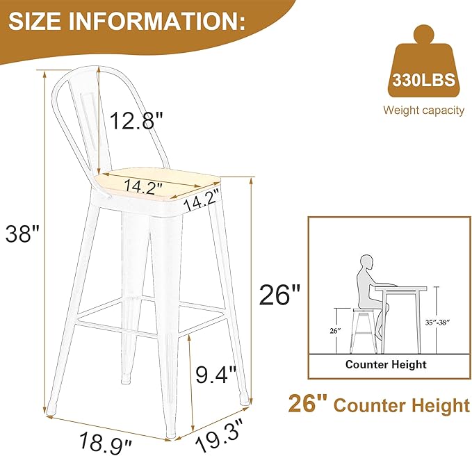 Andeworld Metal Bar Stools Set of 2, 26 inch Counter Height Barstools with Ba...