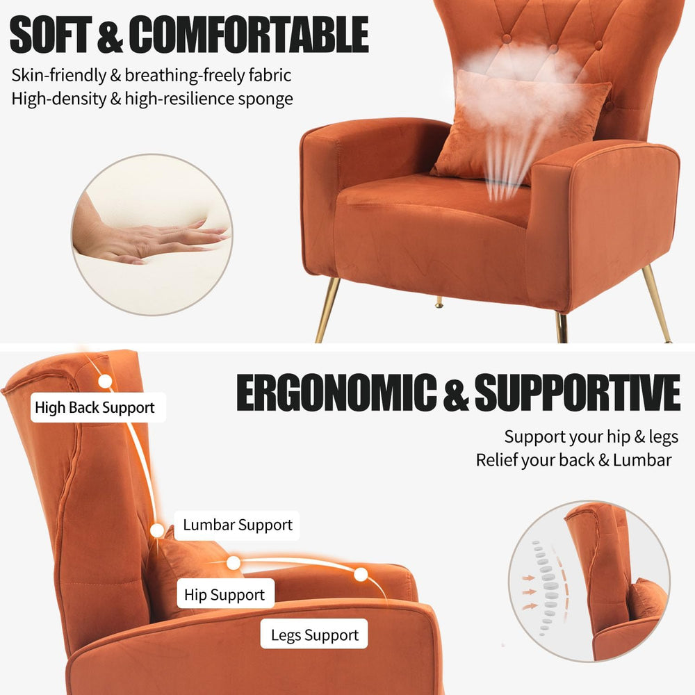 Mid-Century Accent Chairs Set of 2, Wingback Chair with Arm & Gold Legs, ...