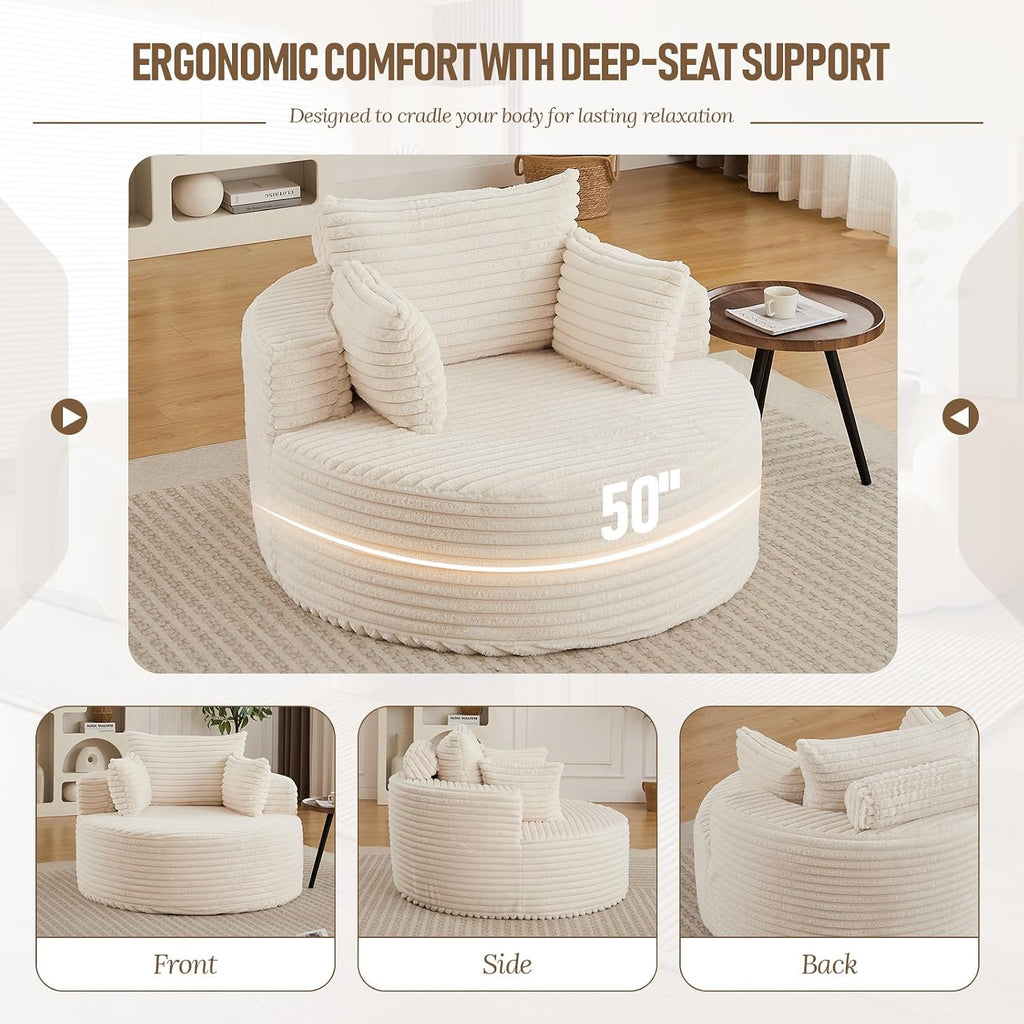 50'' Oversized Round Chaise Longue Chair, Upholstered Corduroy Single Cloud Circle Sofa Chair Comfy Deep Seat Boneless Couch Bed No Assembly Required for Living Room, Bedroom Apartment, Beige