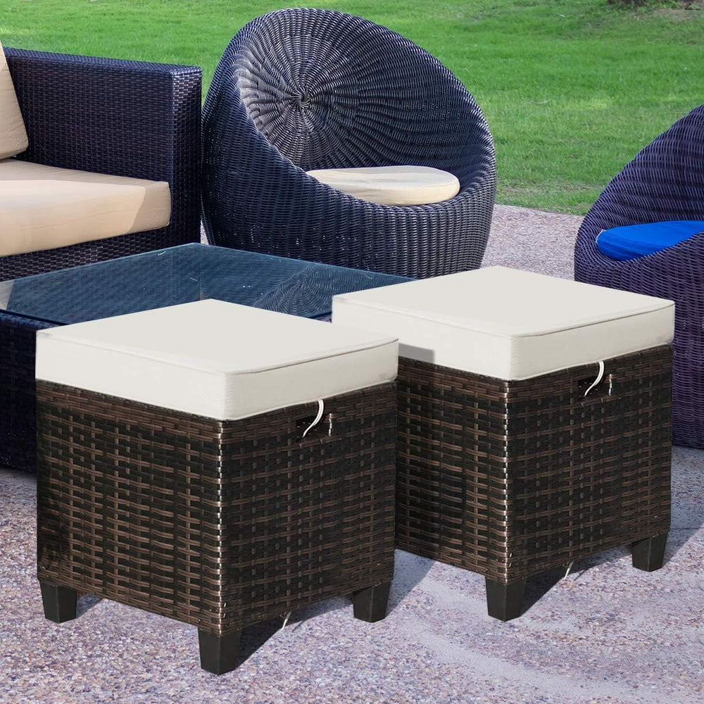 Patio Ottoman Outdoor Rattan Wicker Ottoman Seat, 2 Pieces All Weather Footst...
