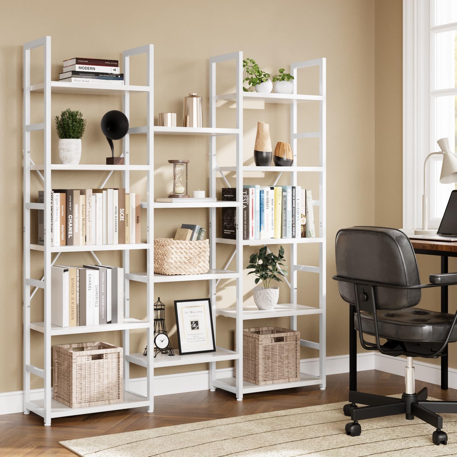 NUMENN Triple Column 5 Tier Bookshelf with 14 Adjustable Shelves, White | Metal Frame & Wood Shelves, Open Freestanding Storage Unit with Supporting Bars for Bedroom, Living Room and Home Office