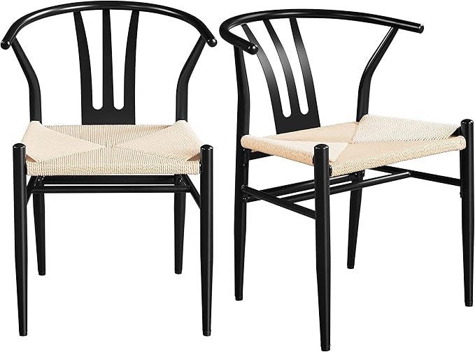 Yaheetech Weave Dining Chairs Set of 2 Mid-Century Modern Dining Room Chairs with Weave Hemp Seat and Metal Legs for Kitchen, Living Room, Restaurant, Black