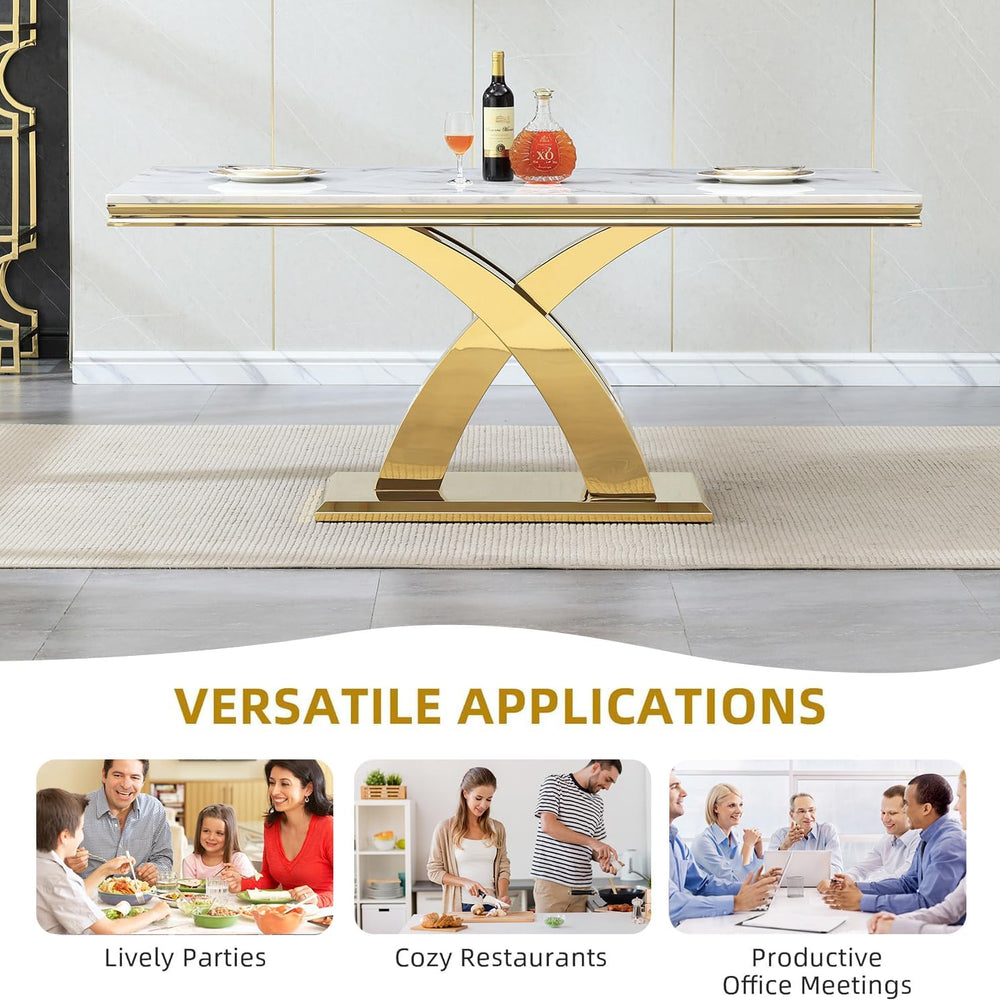 Modern Marble Dining Table for 6-8, 68" Faux Marble Kitchen Table with G...