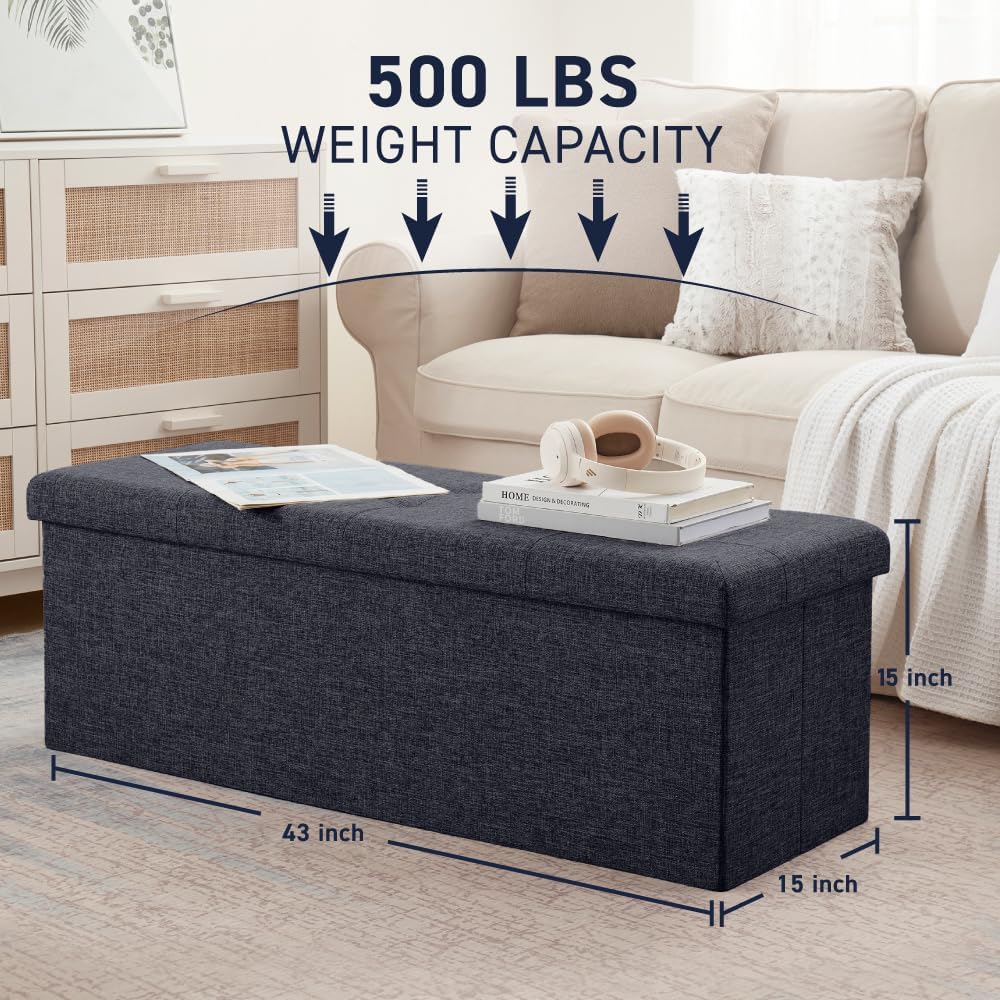 Ornavo Home 43 Inch Folding Extra Large Storage Bench, Linen, Black | Upholst...