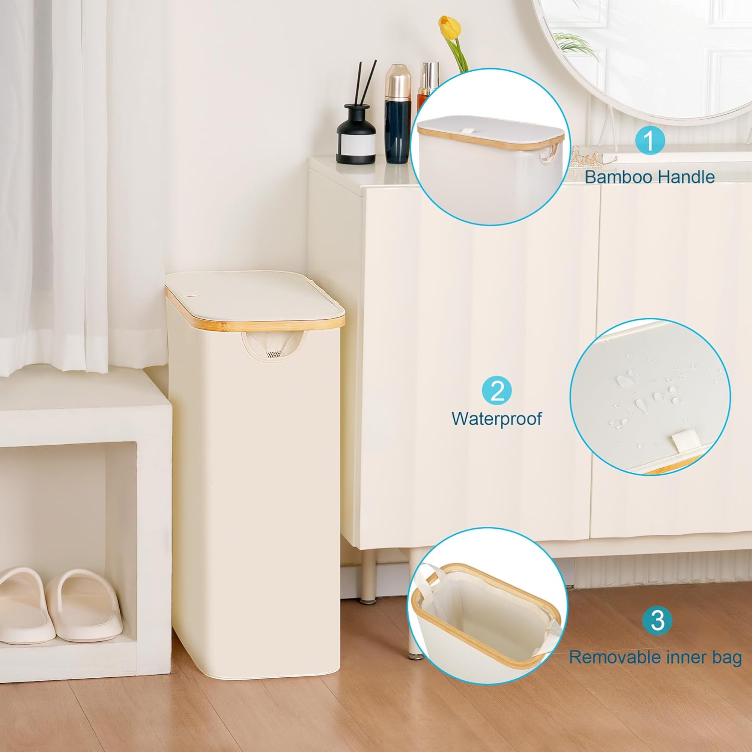 efluky Slim Laundry Basket with Lid, Narrow Laundry Hamper with Removable Bag, Skinny Dirty Clothes Basket with Bamboo Handles for Bathroom, Bedroom & Laundry Room, 65L Beige