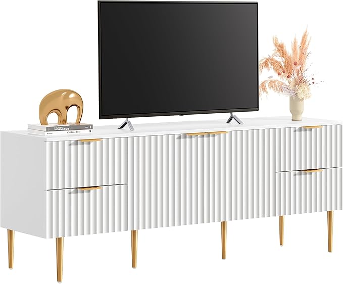SICOTAS 62 Inch TV Stand for 55/60/65/70 Inch TV - TV Stands for Living Room Entertainment Center with 4 Drawers, Fluted Modern TV Media Console Television Cabinet for Bedroom (White,1 Piece)
