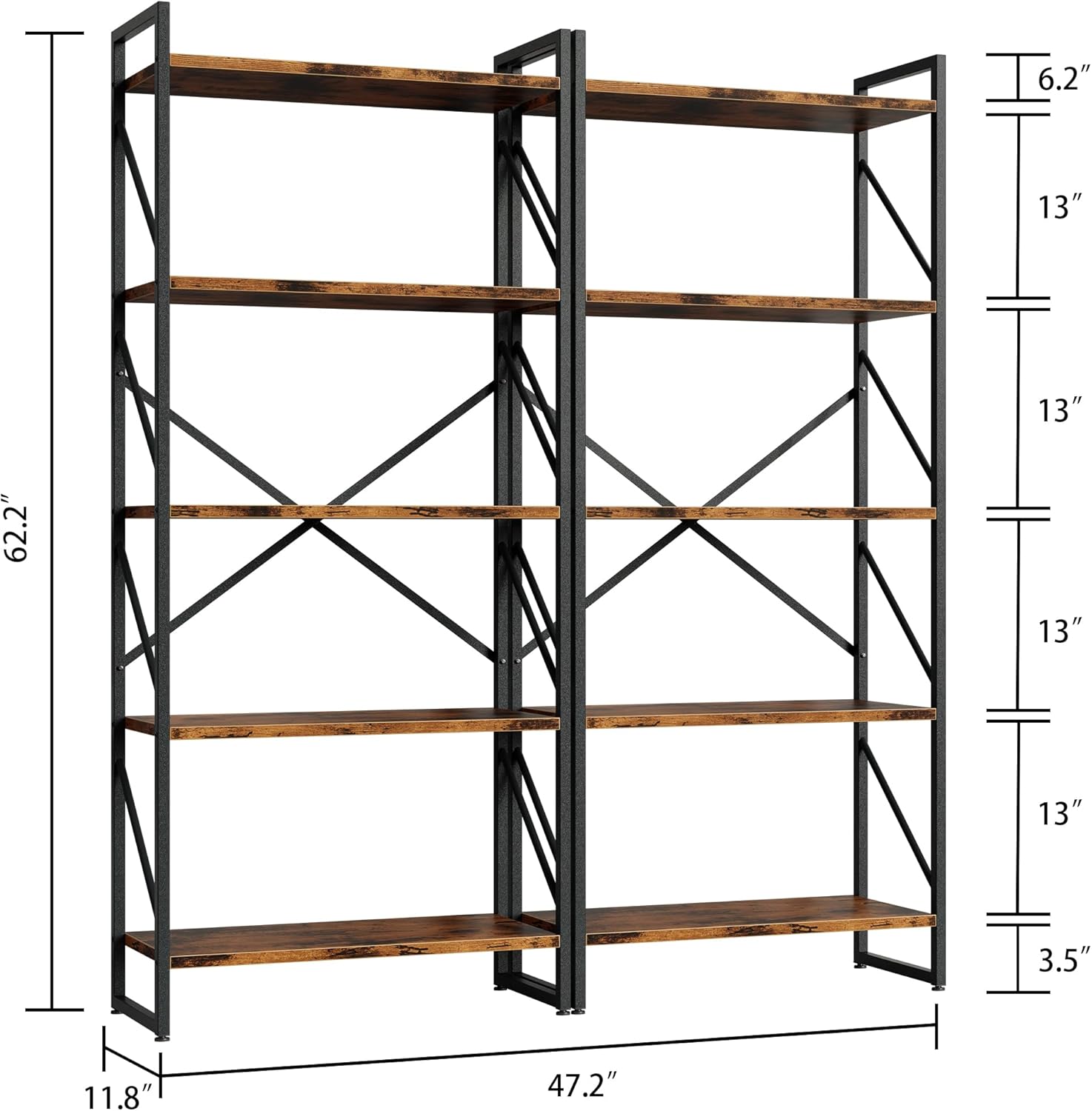 Shintenchi 5 Tiers Bookshelf, Classically Tall Bookcase Shelf, Industrial Book Rack, Modern Book Holder in Bedroom/Living Room/Home/Office, Storage Rack Shelves for Books/Movies-Rustic Brown