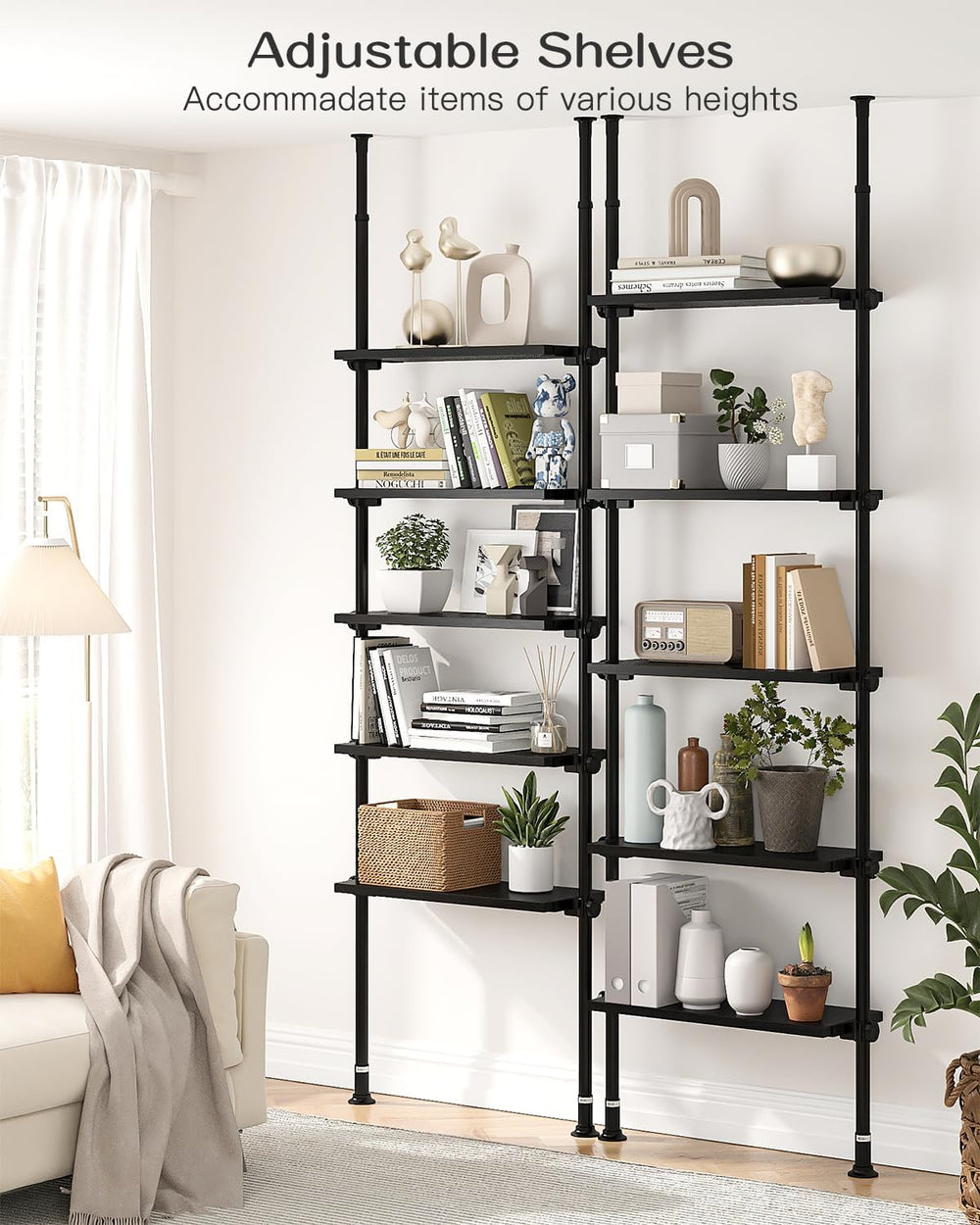 ALLZONE Adjustable Tall Narrow Bookshelf, 5-Tier Floor-to-Ceiling Tension Mou...
