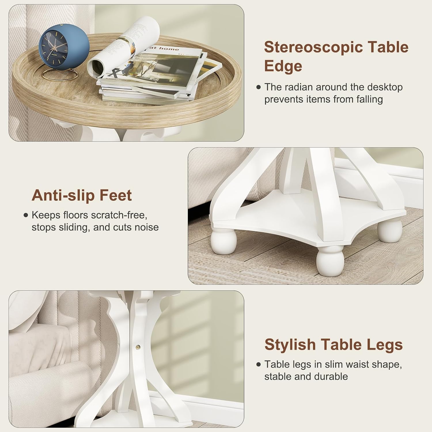 Accent Wood Farmhouse End Table, Round Side Tables, Nightstand Natural Tray Top and Distressed Carved Legs for Bedroom Living Room, White