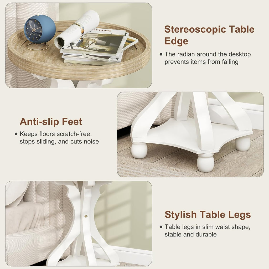 2 PCS Accent Farmhouse End Table, Round Side Table, Tray Top, White