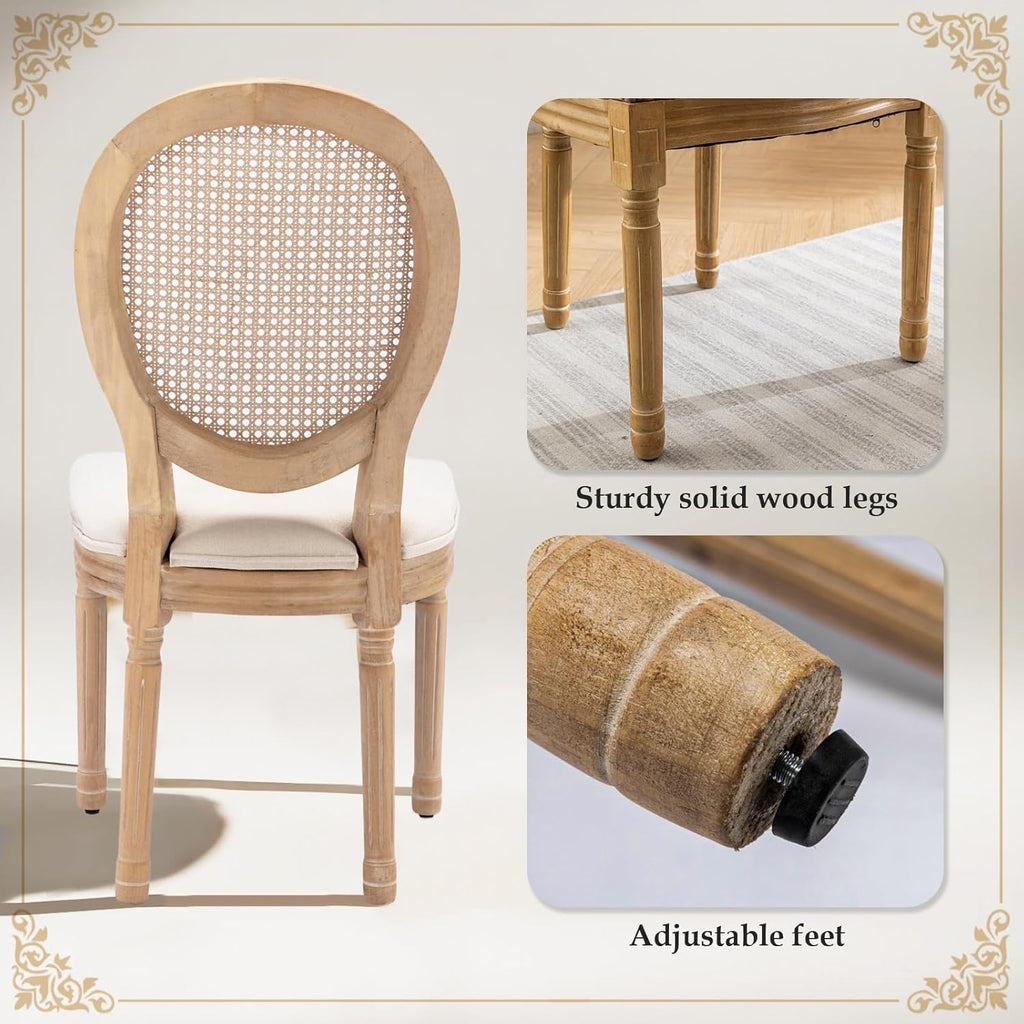 SoarFlash French Dining Chairs Set of 2, Vantage Dining Chair with Round Back, Wood Leg Farmhouse Country Rattan Dining Chair for Kitchen,Bedroom,Beige