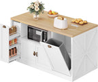 Large Kitchen Island, 63"L Island Table for Kitchen with Trash Bin | & Power Outlet, Farmhouse Kitchen Island on Wheels with Spice Rack & Microwave Cart Storage for Dining Room, Home Bar, White
