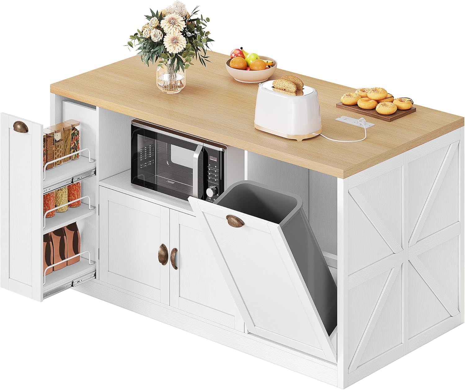 Large Kitchen Island, 63"L Island Table for Kitchen with Trash Bin | & Power Outlet, Farmhouse Kitchen Island on Wheels with Spice Rack & Microwave Cart Storage for Dining Room, Home Bar, White