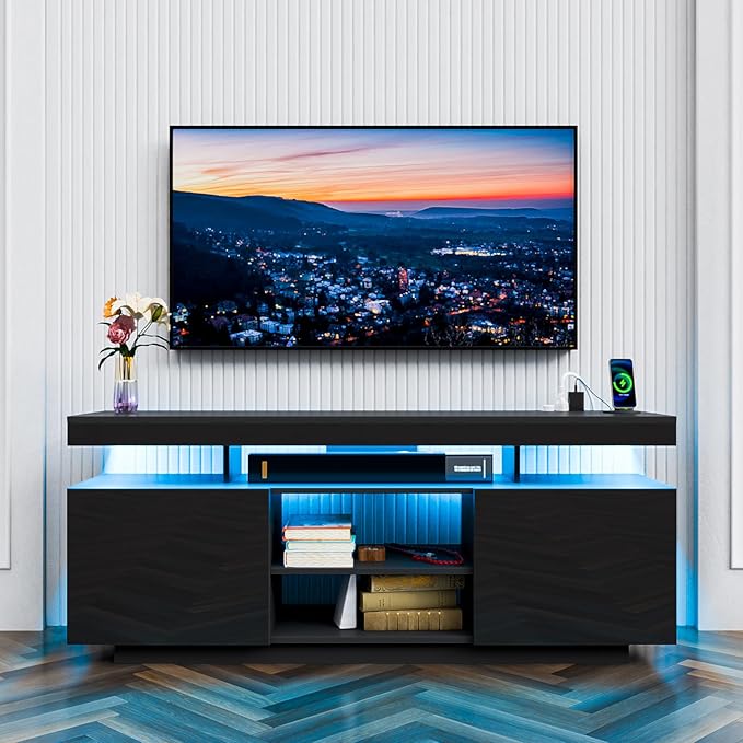HOMMPA Modern LED TV Stand for 55/50/43/40/32 inch TV with Power Outlets, Gaming TV Consoles with Storage Entertainment Center with LED Lights Game Cabinet for Living Room Black