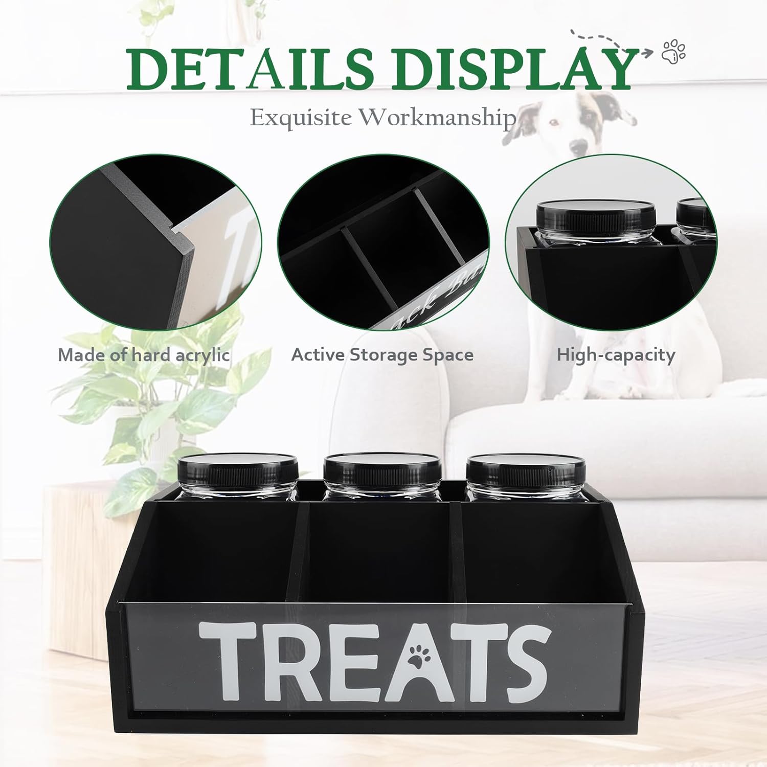 Geyecete Dog Treat Container cat food container with 3 Jars & Compartments pet treat storage dog treat container trapezoid Cute Pet Treat Organizer