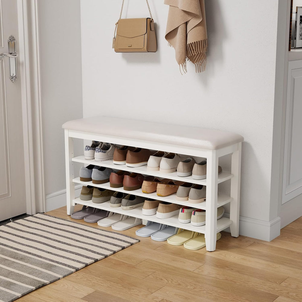 AQIMUELE Shoe Bench with Leather Cushion, 3 Tiers Shoe Storage Bench Height A...