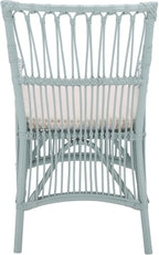 SAFAVIEH Furniture - Zorianna Dining Chair - Light Blue Rattan & White Cushion - Armchair Design - Ideal for Dining Room, Kitchen, 18.5" Seat Height (DCH6505C)
