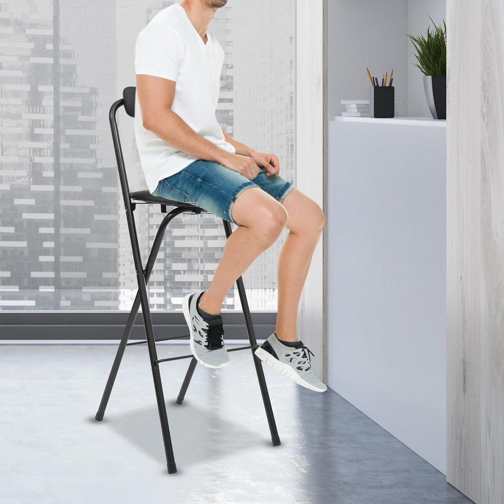 Foldable Bar Stool 29.5" Height, Heavy Duty 275 lbs Capacity Steel Frame – PU Cushioned Seat & Back, Space-Saving Design – Black Modern Bar Chair for Kitchen, Cafe, Home