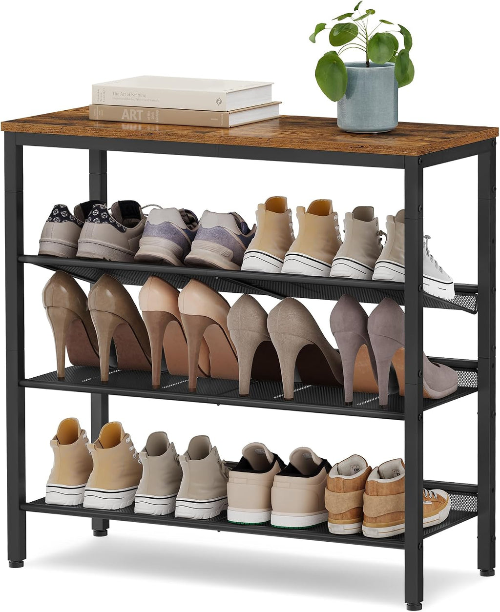 SONGMICS HOME 4 Tier Shoe Storage Organizer, Freestanding Shoe Rack, Dense Mesh, for Living Room, Bedroom, Entryway, Rustic Brown and Black