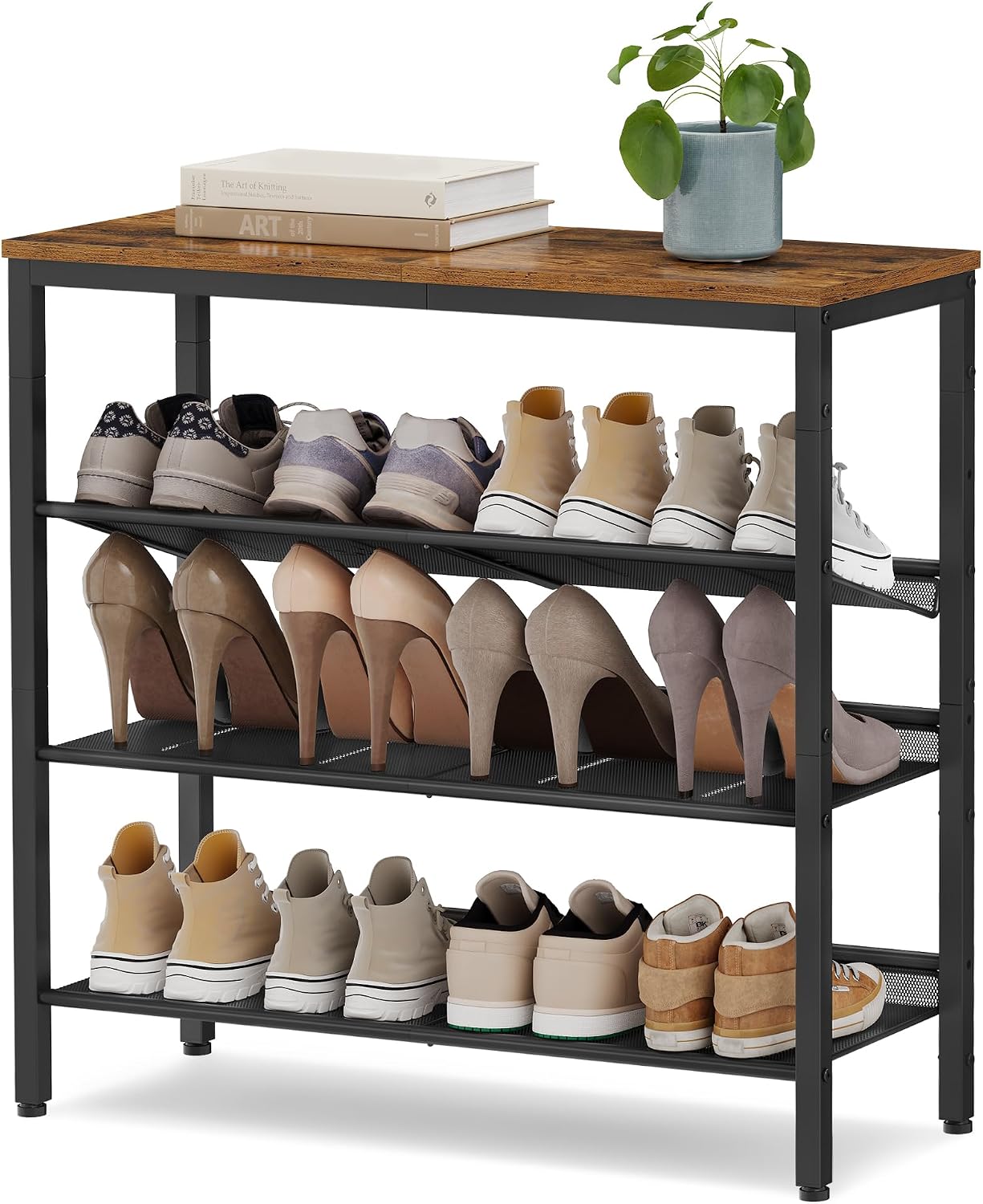 SONGMICS HOME 4 Tier Shoe Storage Organizer, Freestanding Shoe Rack, Dense Mesh, for Living Room, Bedroom, Entryway, Rustic Brown and Black
