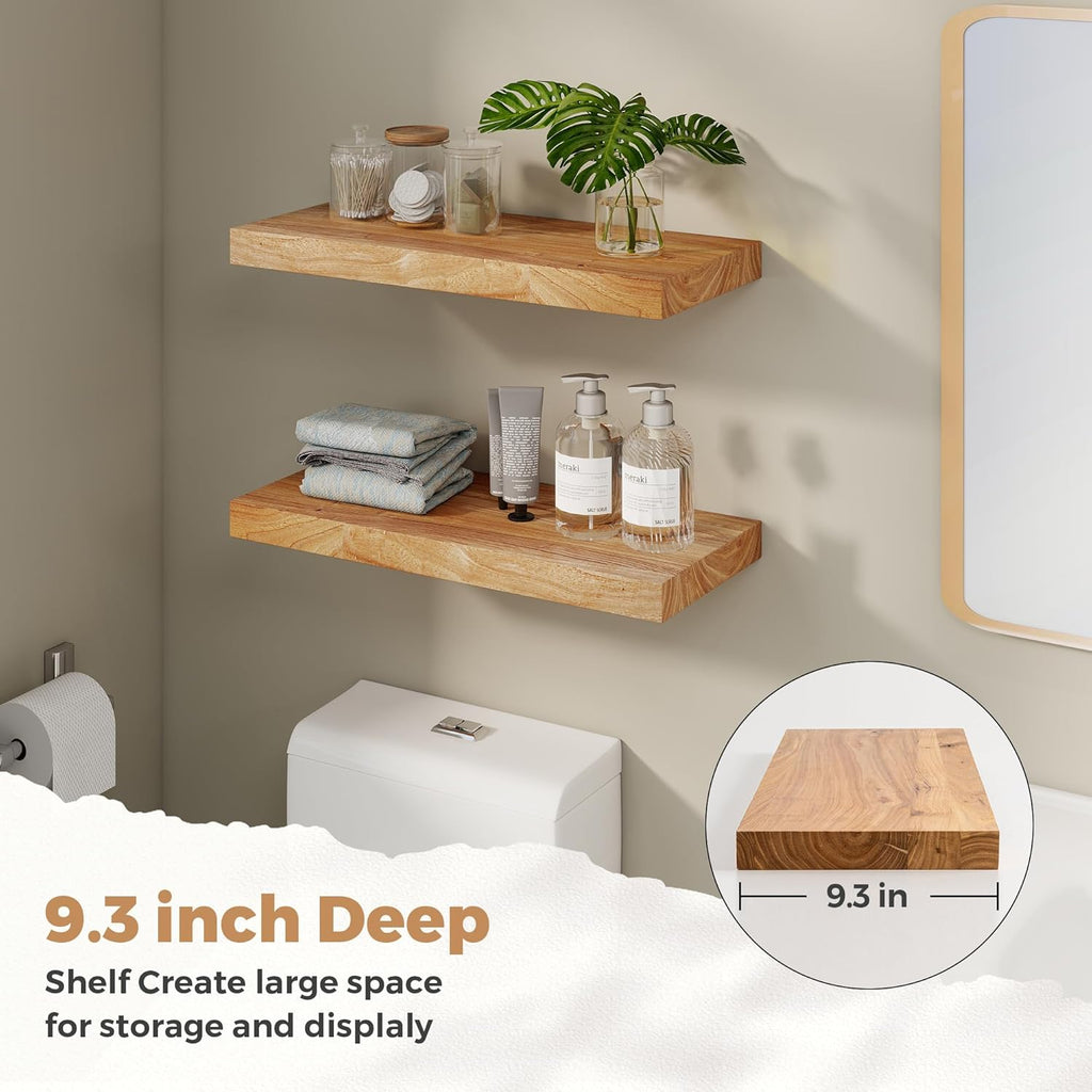 RICHFOCUS Elm Floating Shelves for Wall - 24" W x 9.3" D Rustic Solid Wood Shelves with Invisible Bracket, Wall-Mounted for Living Room, Bedroom, Kitchen Storage & Display, Set of 2, Natural